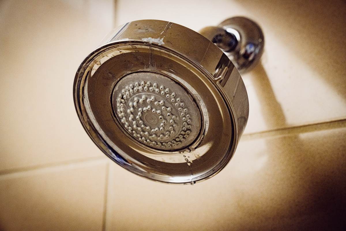 Banyo duvarına takılı metal duş başlığı yakın plan