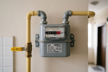 Duvara monte doğalgaz sayacı, rakam göstergesi ve sarı boru hattı