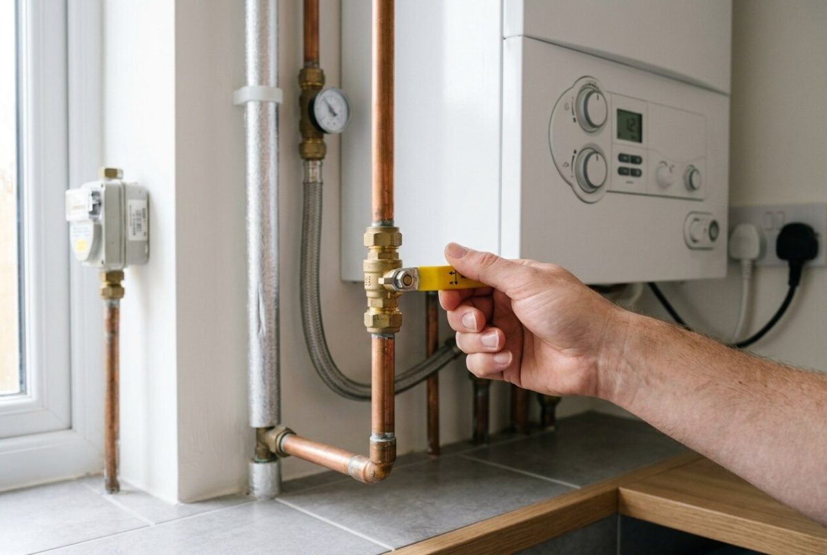 Kombinin altındaki tesisatta sarı kollu gaz vanasını çeviren bir el